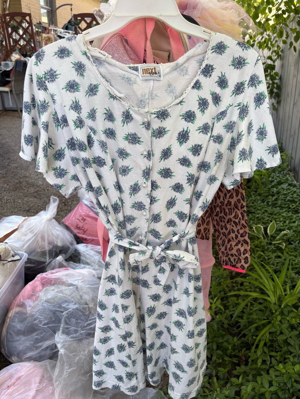 Vintage White Dress  skort with Green Floral Print and Tie Waist
